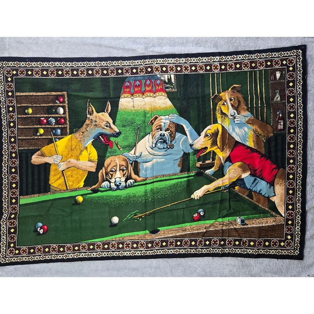 Vintage Dogs Playing Pool Woven Tapestry Wall Hanging 57x39 Game Room Decor